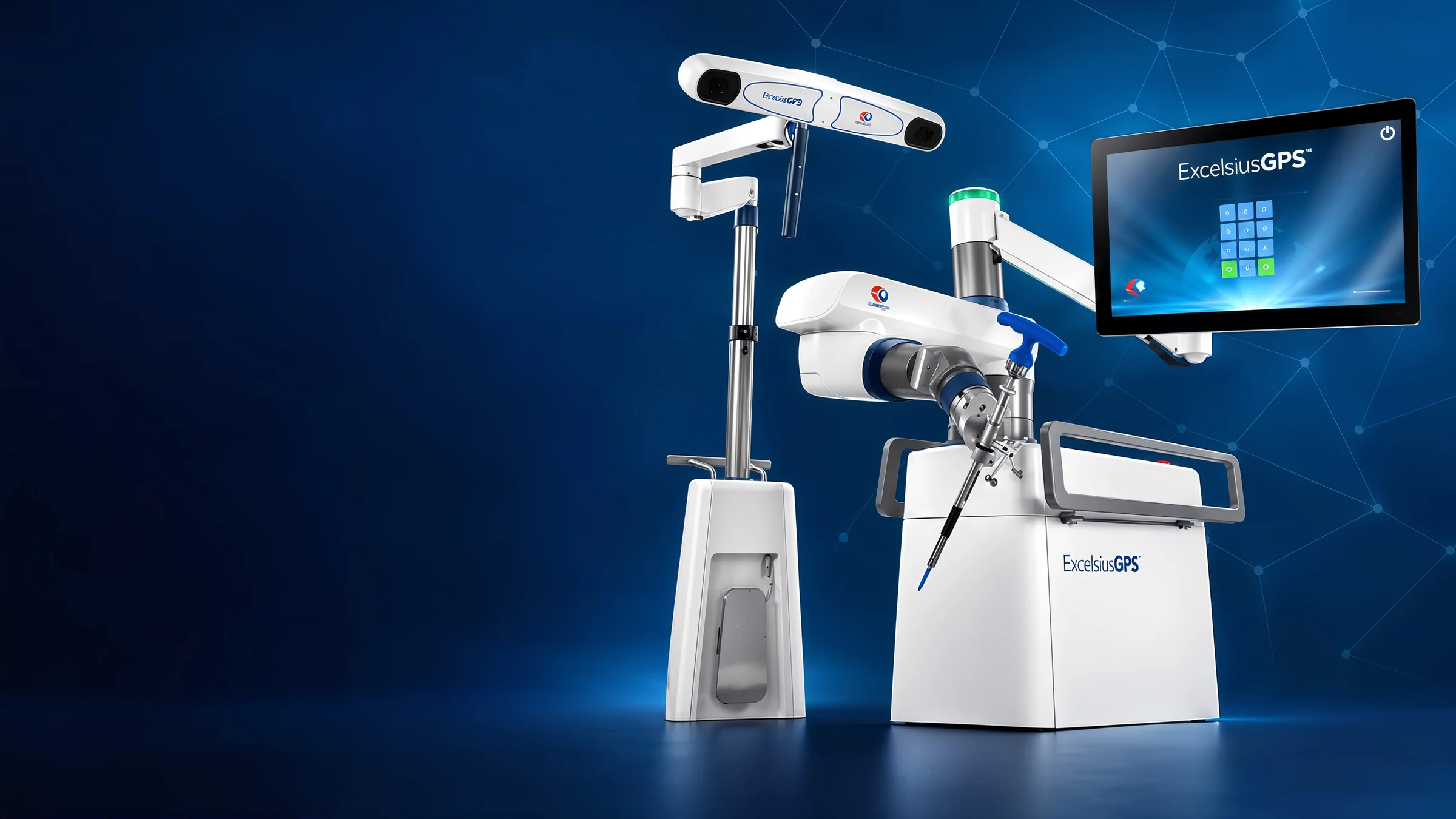 Robô ExcelsiusGPS da Globus Medical: braço robótico, câmera de navegação e monitor de planejamento